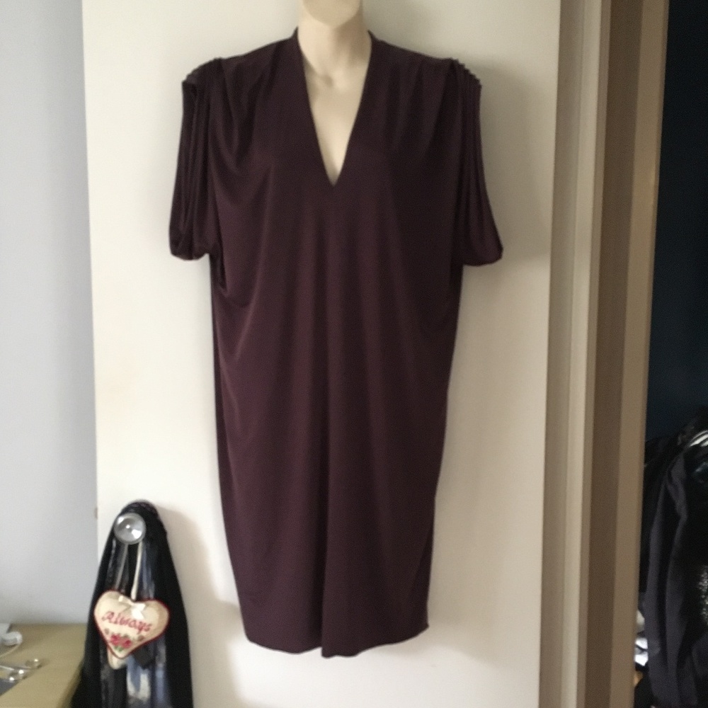 GRETA CONSTANTINE Eggplant Purple Jersey Padded/Pleat Shoulder Dress S
